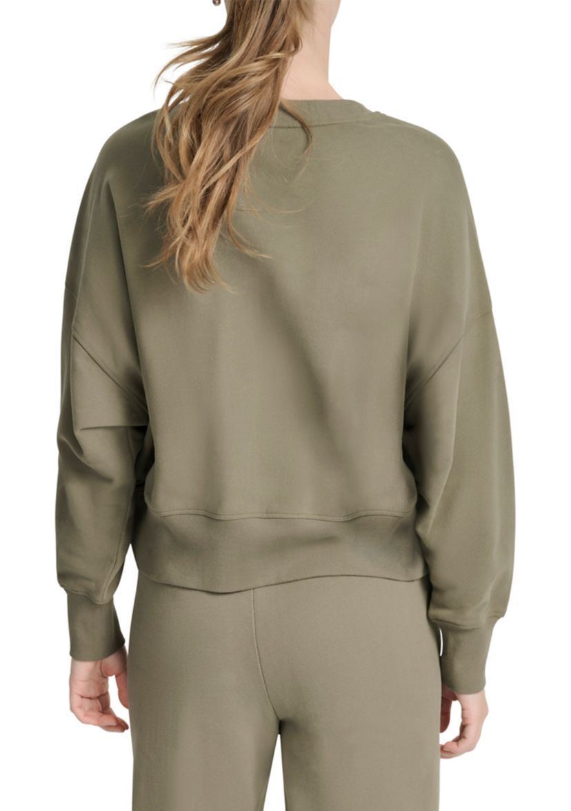 Womens Woven Patch Blouson Sleeve Oversized Pullover