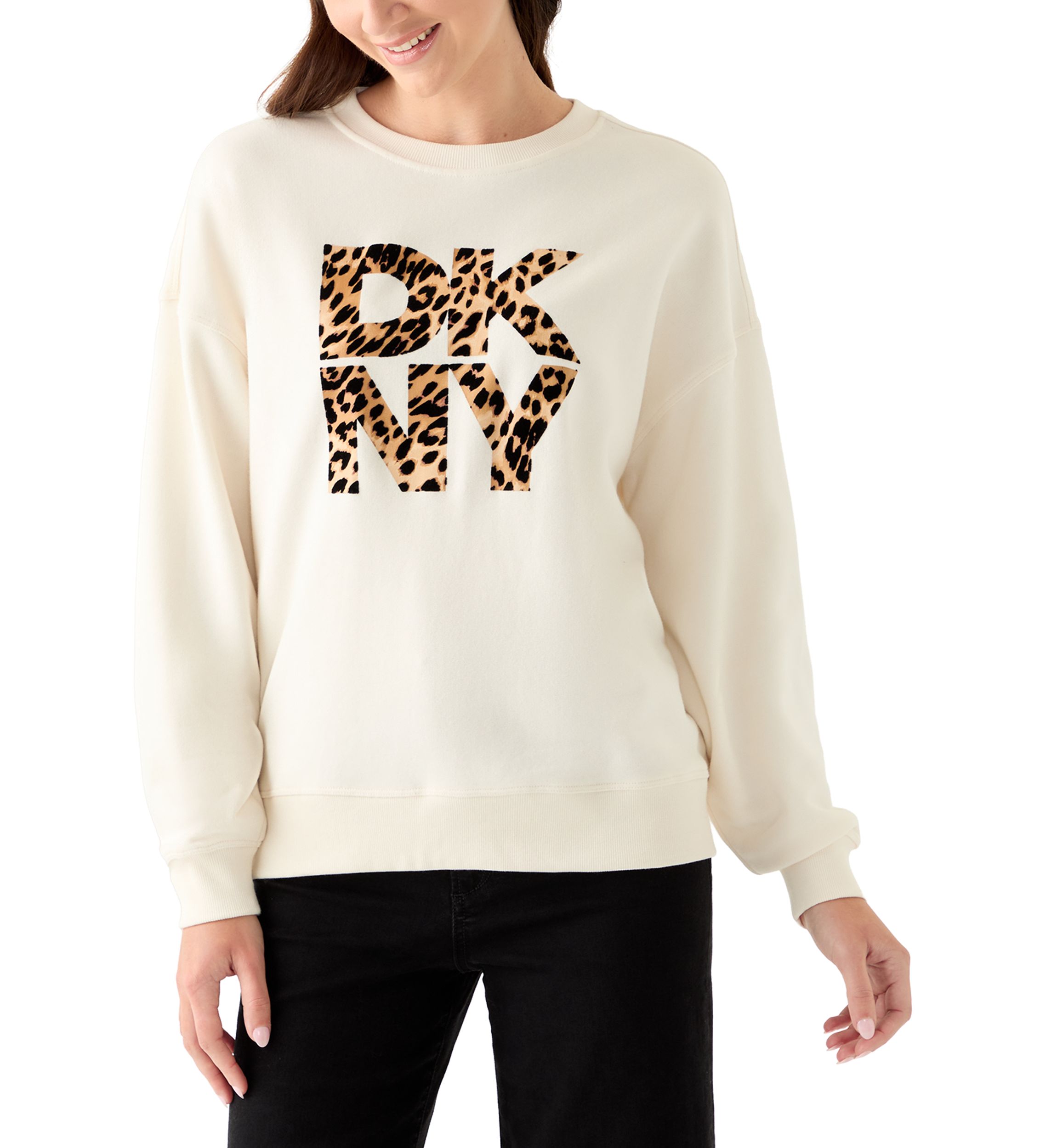 Stacked Animal Print Flocking Logo Crew Neck Pullover
