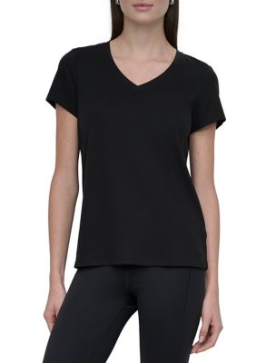 DKNY Sport Women's Solid V-Neck T-Shirt with Embroidered Logo, Black, XS