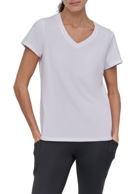 DKNY Sport Women's Solid V-Neck T-Shirt with Embroidered Logo, White, XS