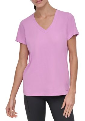 DKNY Sport Women's Solid V-Neck T-Shirt with Embroidered Logo, Fuchsia, Small
