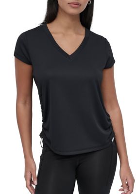 DKNY Sport Women's Short Sleeve Tech T-Shirt with Ruched Side Seams, Black, XS