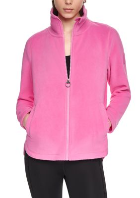 DKNY Sport Women's Tech Fleece Curved Hem Jacket with Round Logo Sleeve Patch, Small