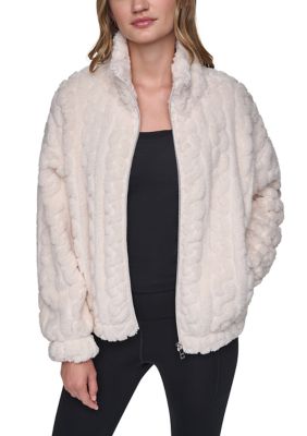 DKNY Sport Women's Cable Knit Patterned Sherpa Full Zip Jacket