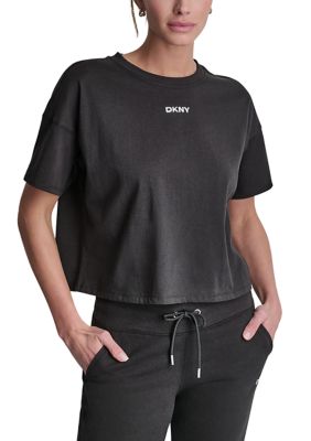 DKNY Sport Women's Metallic Bubble Logo Short Sleeve Drop Shoulder Shirt, Black, Small