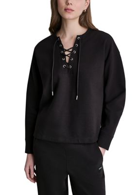 DKNY Sport Women's Rivington Rib Lace Up Pullover, Black, Small