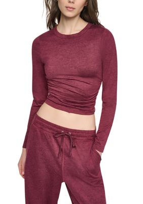 DKNY Sport Women's Spacedye Crew Neck Long Sleeve Top with Ruched Sides, XS