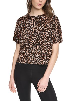 DKNY Sport Women's Leopard Print Tonal Woven Logo Patch Cropped Short Sleeve Crew Neck T-Shirt, XS