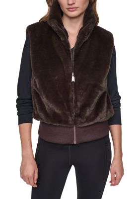 DKNY Sport Women's Mock Neck Faux Fur Vest with Pockets and Rib Knit Hem, Small