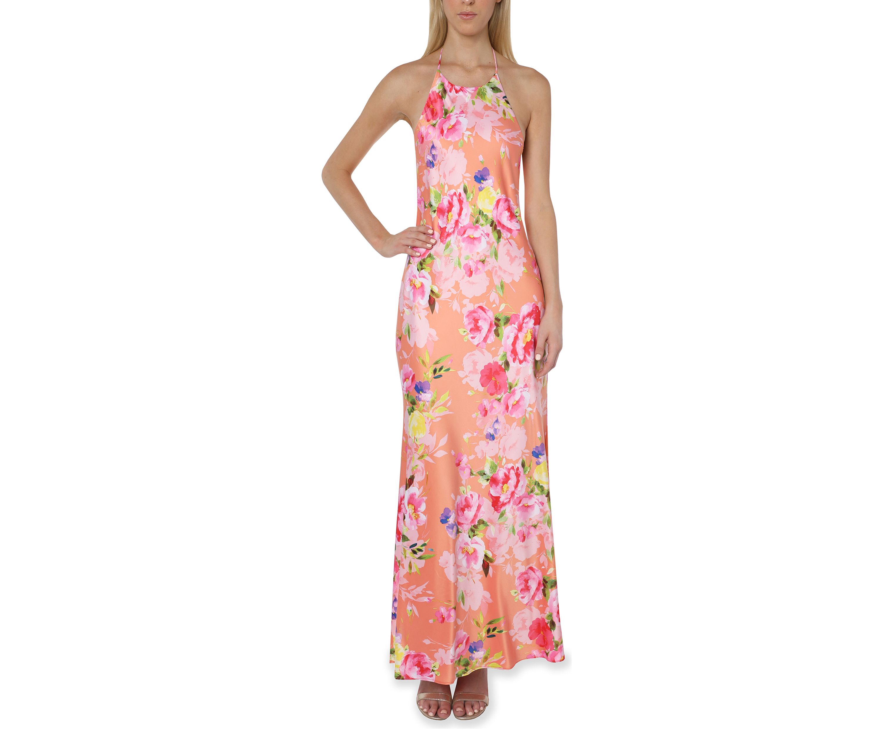 Printed Satin Halter Neck Maxi Dress