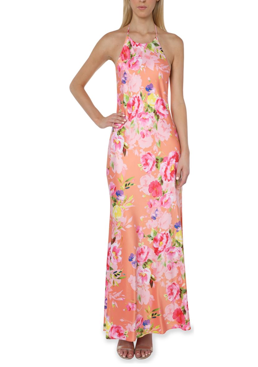 Printed Satin Halter Neck Maxi Dress