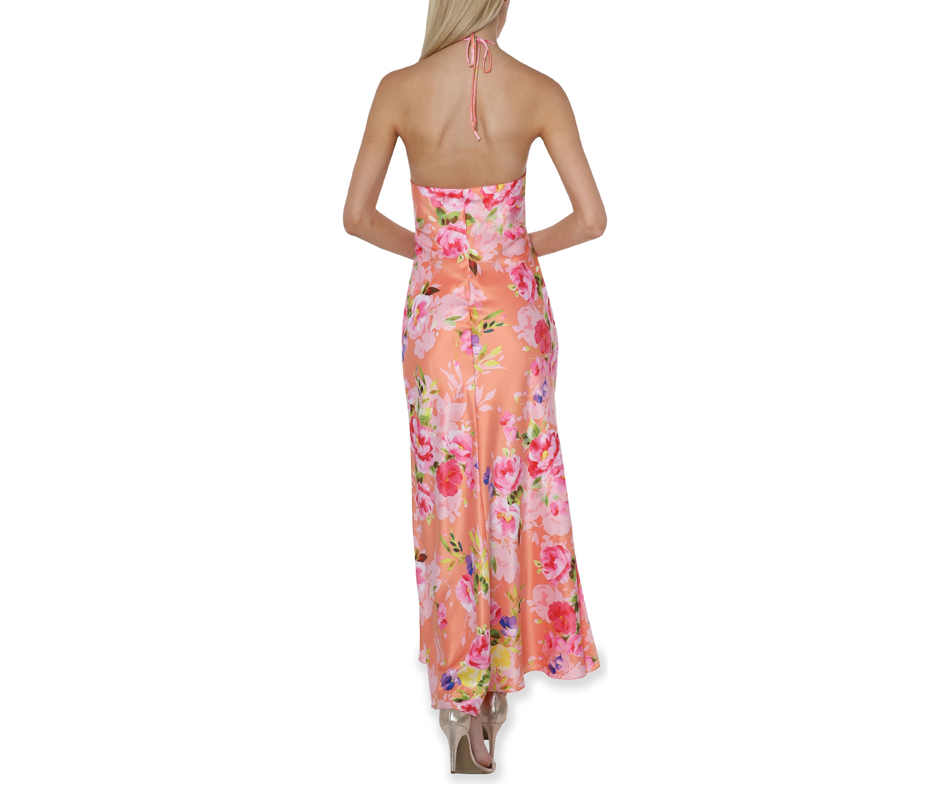 Printed Satin Halter Neck Maxi Dress