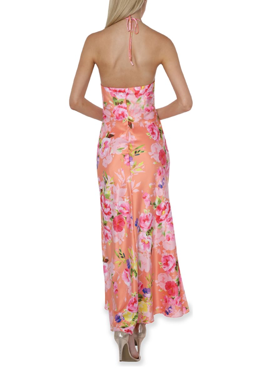 Printed Satin Halter Neck Maxi Dress