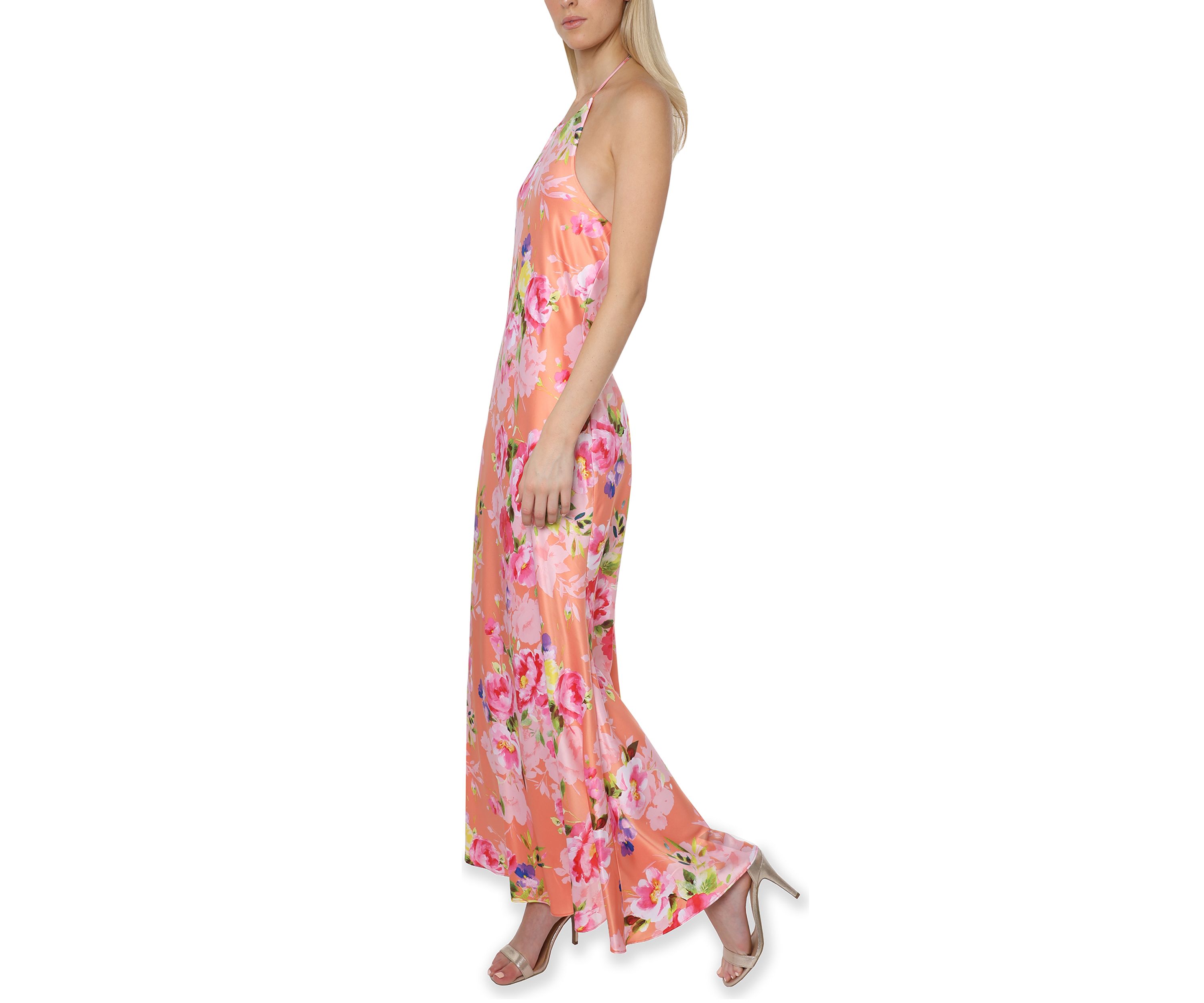 Printed Satin Halter Neck Maxi Dress