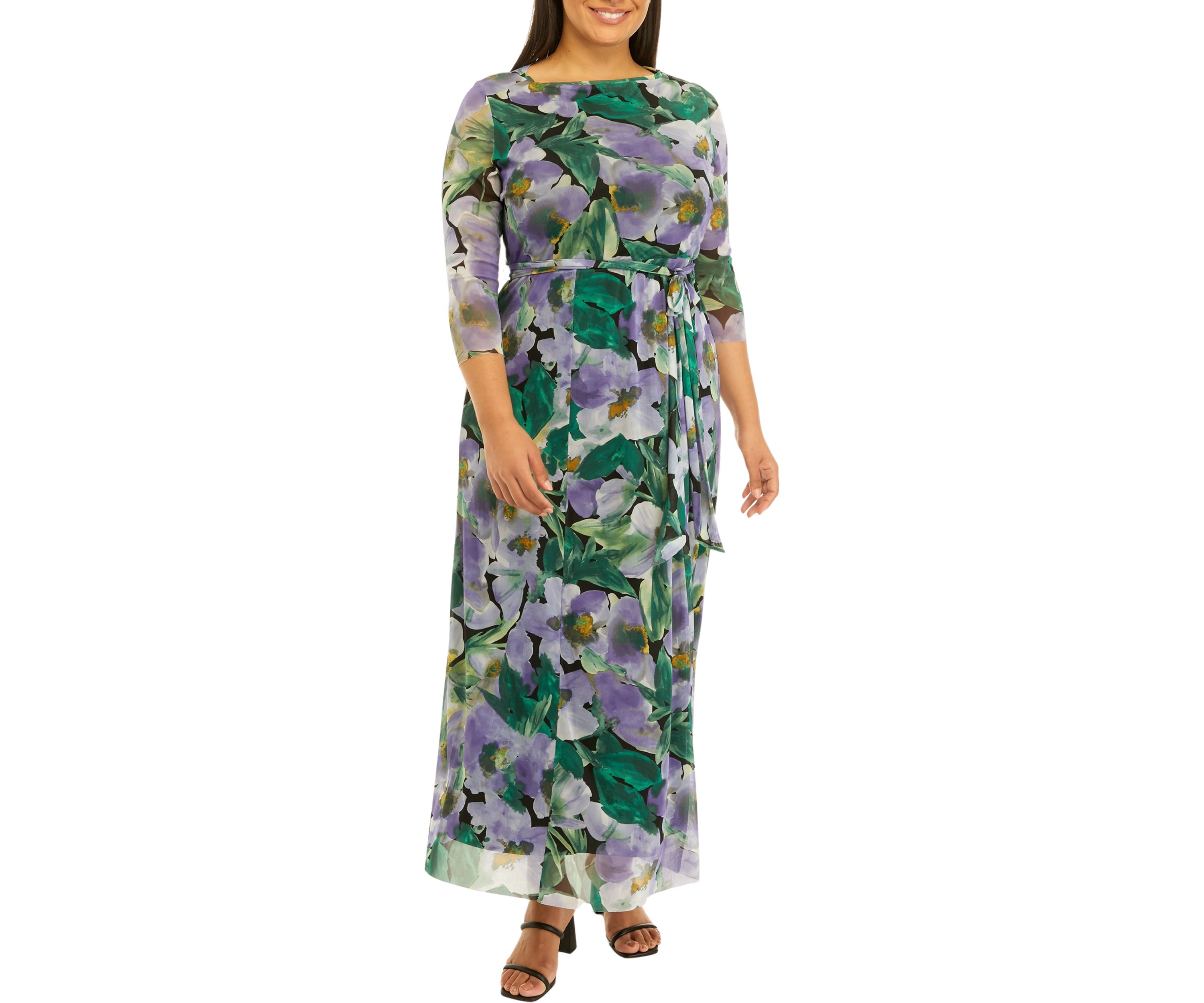 Plus Size Printed Mesh 3/4 Sleeve Maxi Dress
