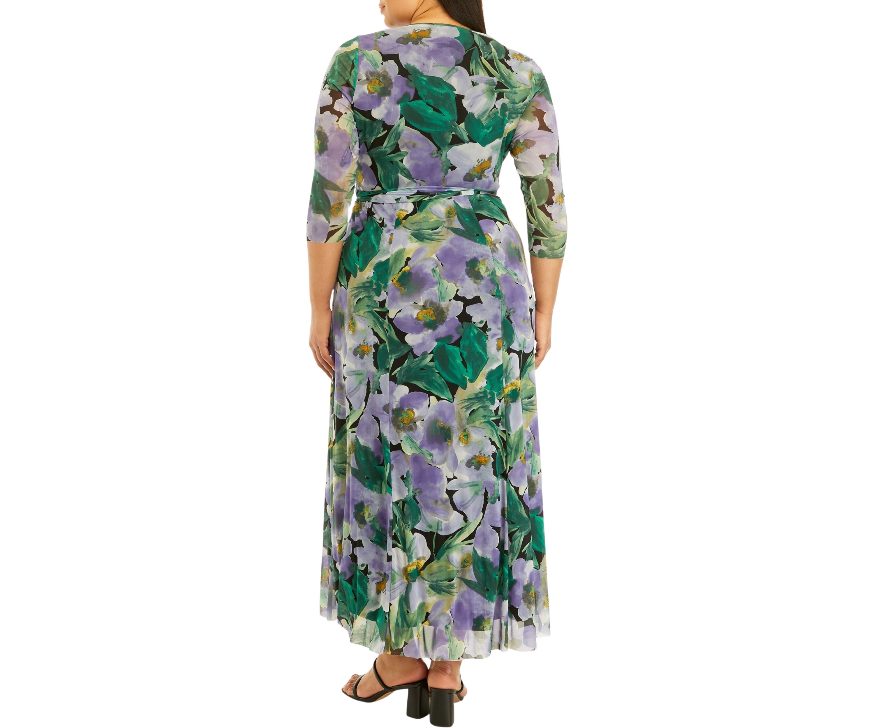 Plus Size Printed Mesh 3/4 Sleeve Maxi Dress