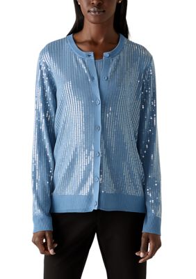 Anne Klein Women's Missy Crw Neck Cardigan With Clear Sequins, Blue, Small