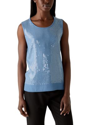 Anne Klein Women's Missy High Crew Tank Top With Clear Sequins
