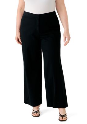 Crown & Ivy Women's Plus Size Wide Leg Stretch Twill Pants, Black, 14 W