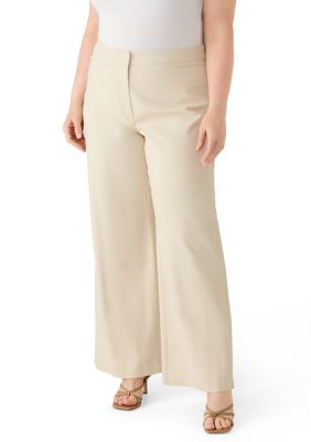 Crown & Ivy Women's Plus Size Wide Leg Stretch Twill Pants, Tan, 16 W