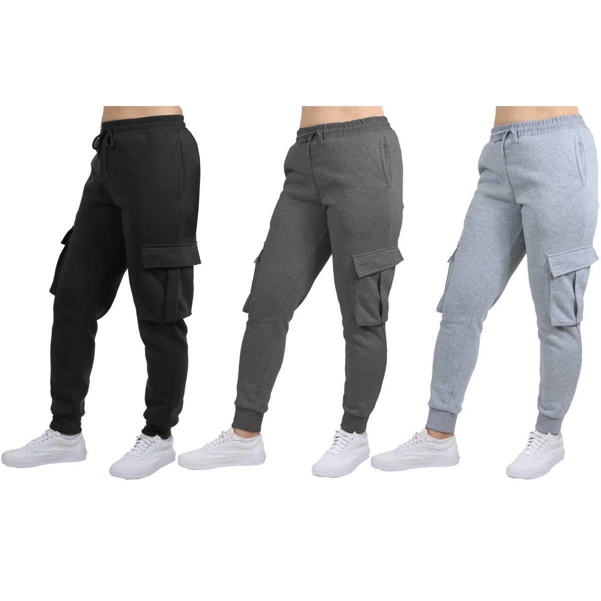 Blue Ice Womens Loose Fit  Fleece Jogger Sweatpants with Velcro Cargo Pockets- 3 Pack