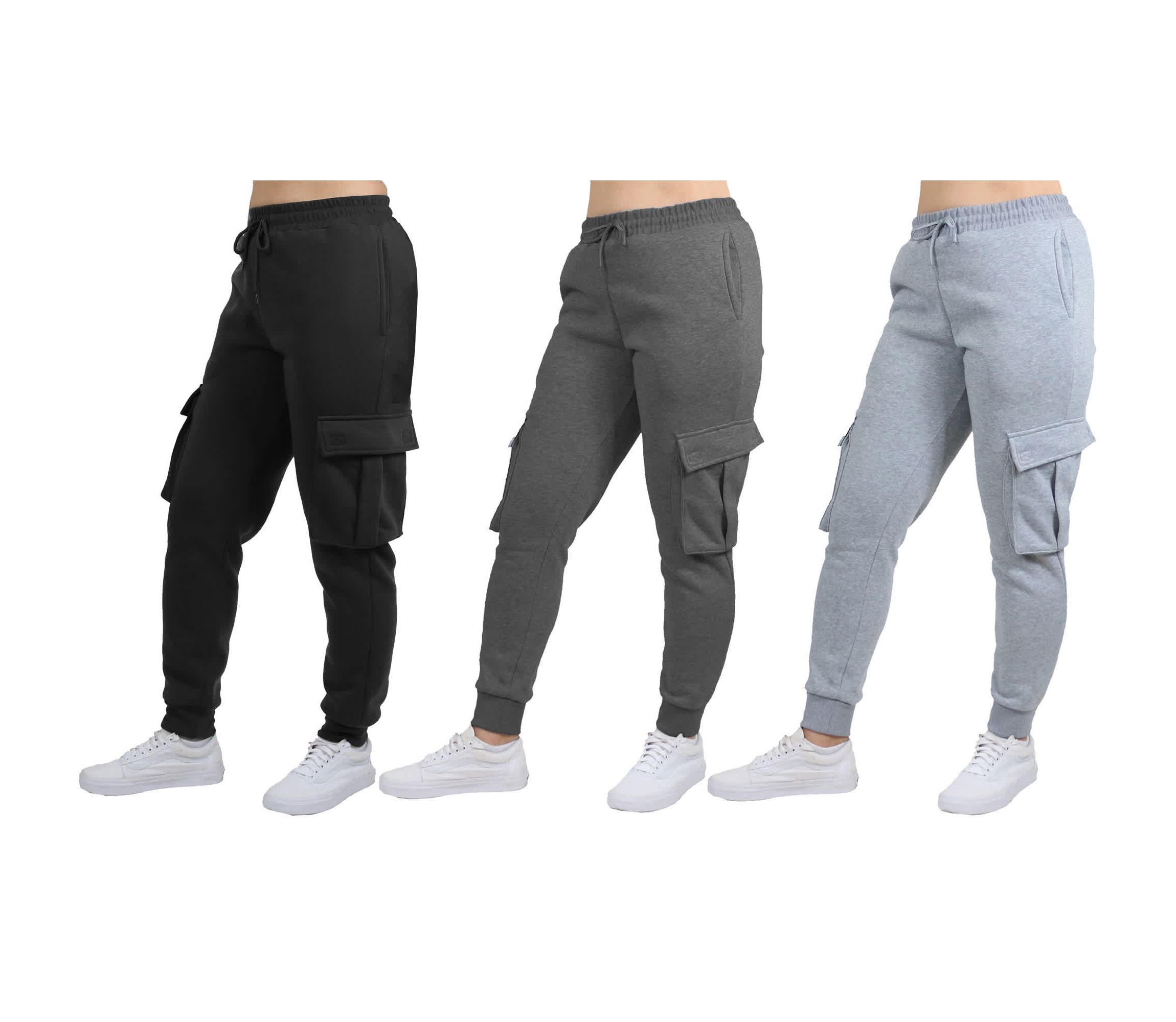 Blue Ice Womens Loose Fit  Fleece Jogger Sweatpants with Velcro Cargo Pockets- 3 Pack