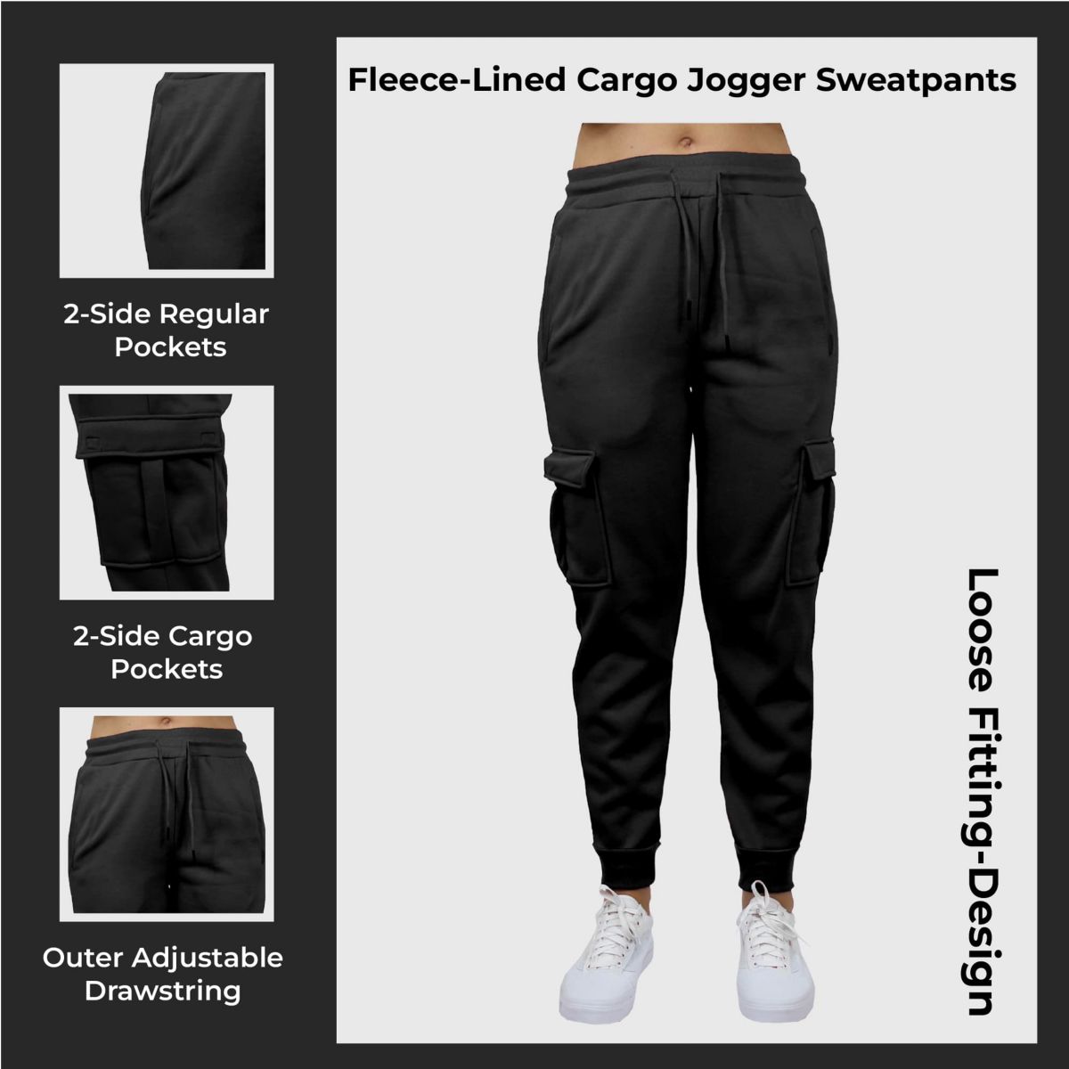 Blue Ice Womens Loose Fit  Fleece Jogger Sweatpants with Velcro Cargo Pockets- 3 Pack