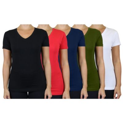 Blu Rock Women's Loose Fit Short Sleeve V-Neck Cotton Stretch Tees-5 Pack, White, Large