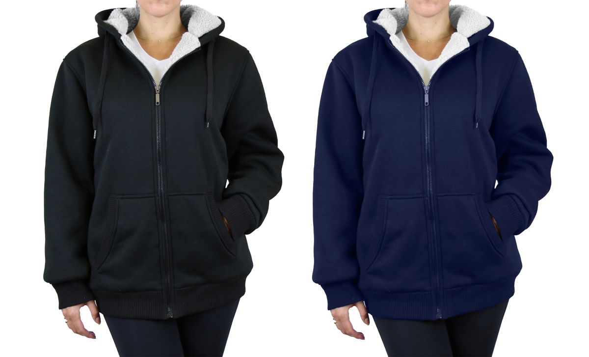Womens Loose Fit Sherpa Lined Fleece Zip-Up Hoodie-2 Pack