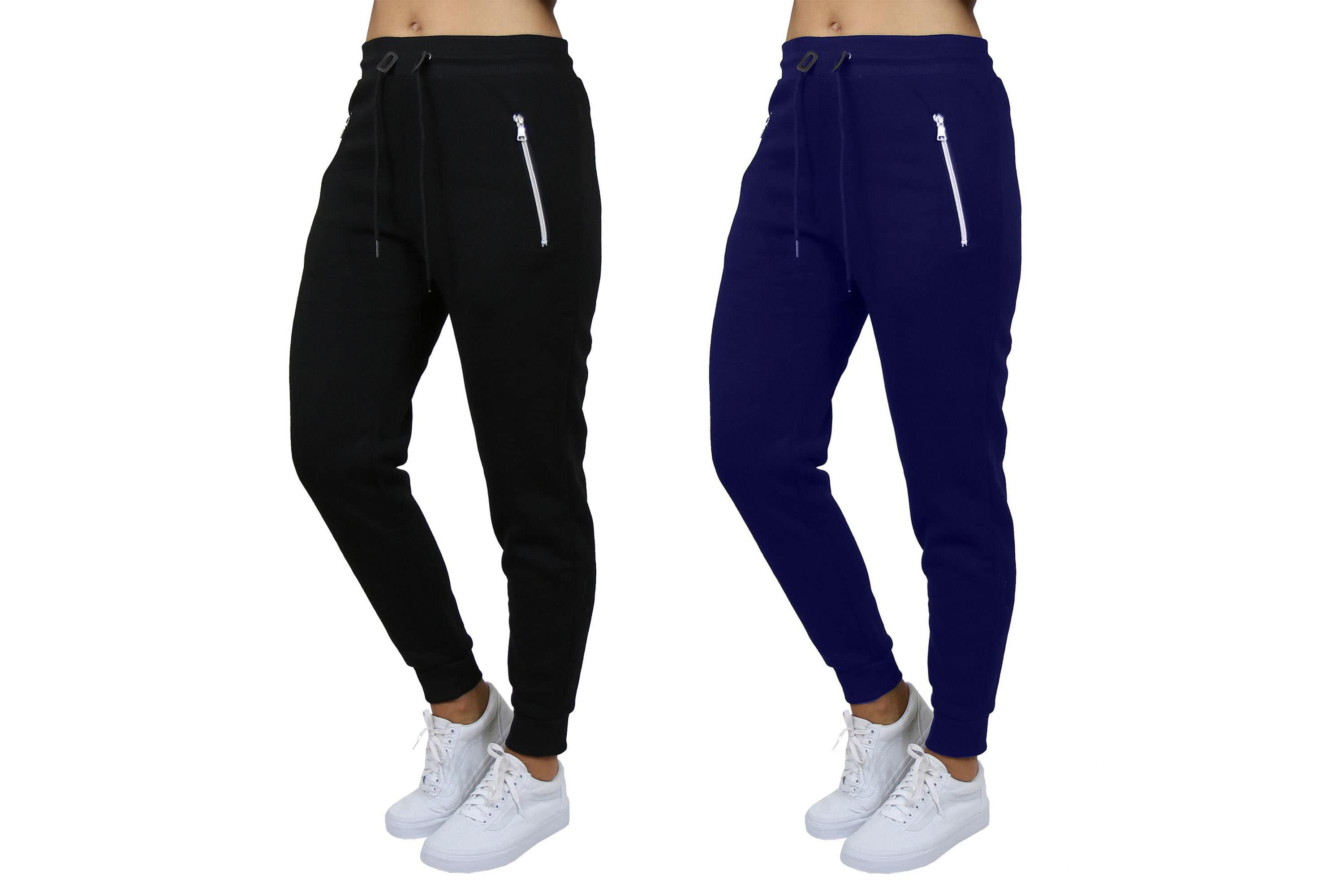 Womens Loose Fit  Fleece-Lined Jogger Sweatpants With Zipper Pockets-2 Pack