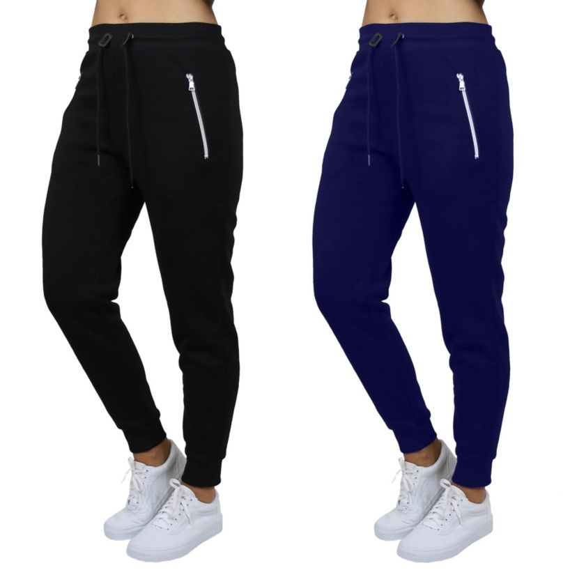 Womens Loose Fit  Fleece-Lined Jogger Sweatpants With Zipper Pockets-2 Pack