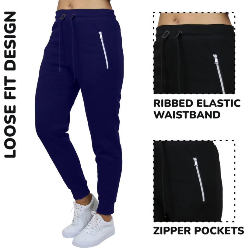 Womens Loose Fit  Fleece-Lined Jogger Sweatpants With Zipper Pockets-2 Pack