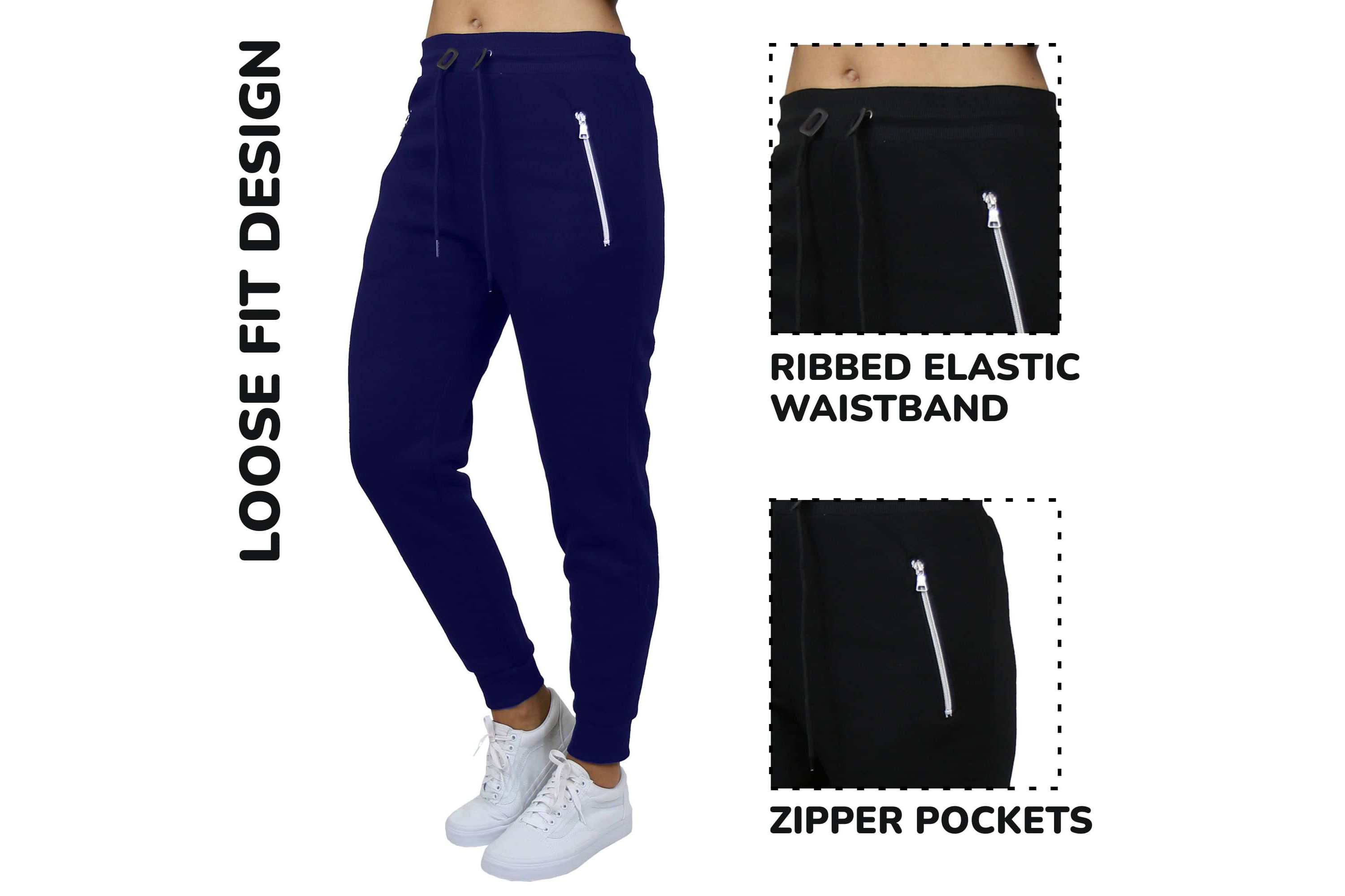 Womens Loose Fit  Fleece-Lined Jogger Sweatpants With Zipper Pockets