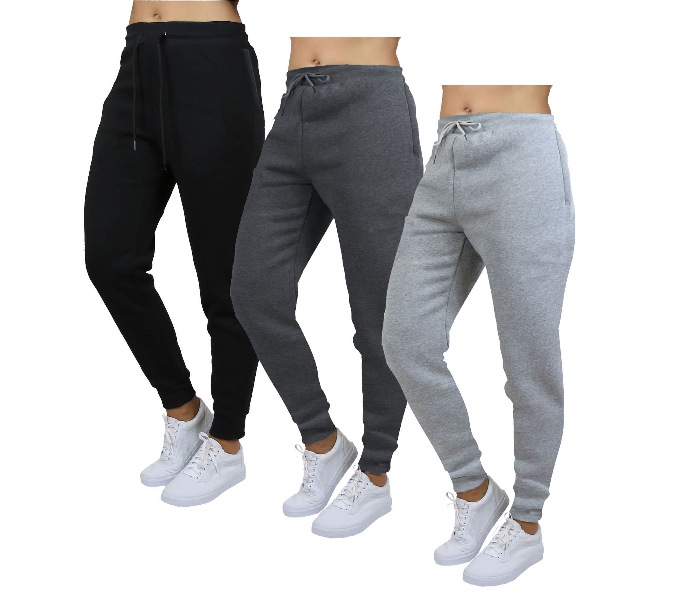 Blue Ice Womens Loose  Fit Heavyweight Classic Fleece Jogger Sweatpants With Zipper Side Pockets- 3 Pack