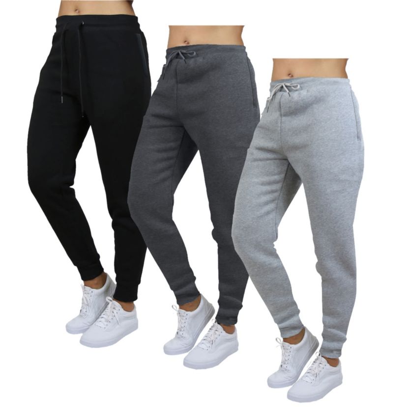 Blue Ice Womens Loose  Fit Heavyweight Classic Fleece Jogger Sweatpants With Zipper Side Pockets- 3 Pack