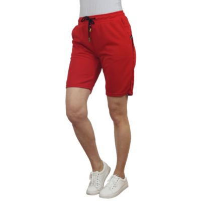 Blue Ice Women's Loose Fit Tech Fleece Jogger Sweat Lounge Shorts With Long Zipper Side Pocket, Red, Large
