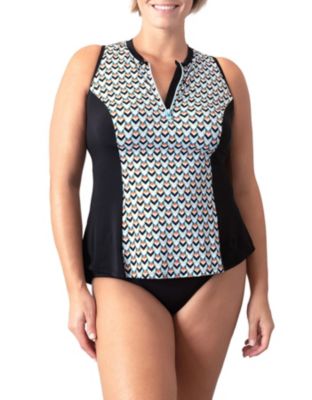 Plus Geomatic Sleeveles Zipper Swim Shirt w/ Built Bra