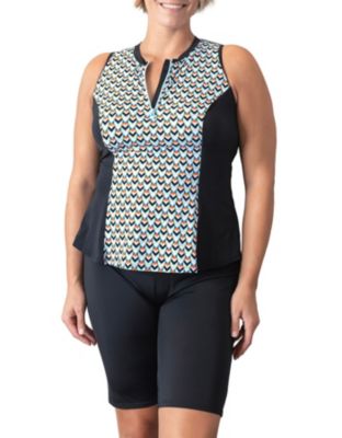 Plus Geomatic Sleeveles Zipper Swim Shirt w/ Built Bra