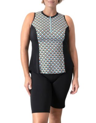 Plus Geomatic Sleeveles Zipper Swim Shirt w/ Built Bra