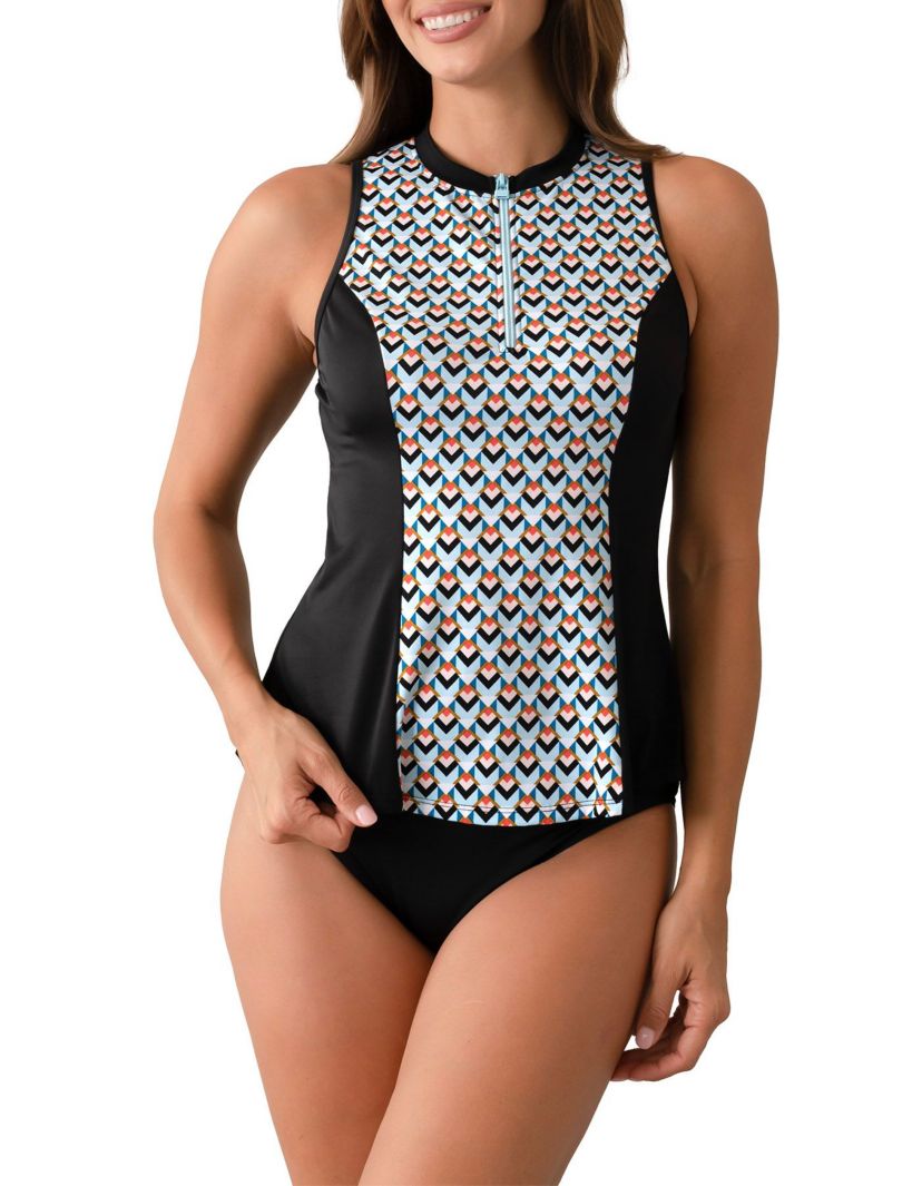 Geomatic Sleeveles Zipper Swim Shirt w/ Built in Bra
