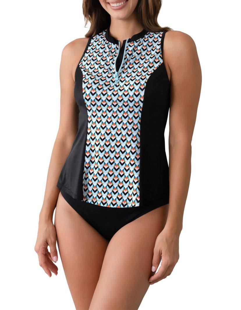 Geomatic Sleeveles Zipper Swim Shirt w/ Built in Bra