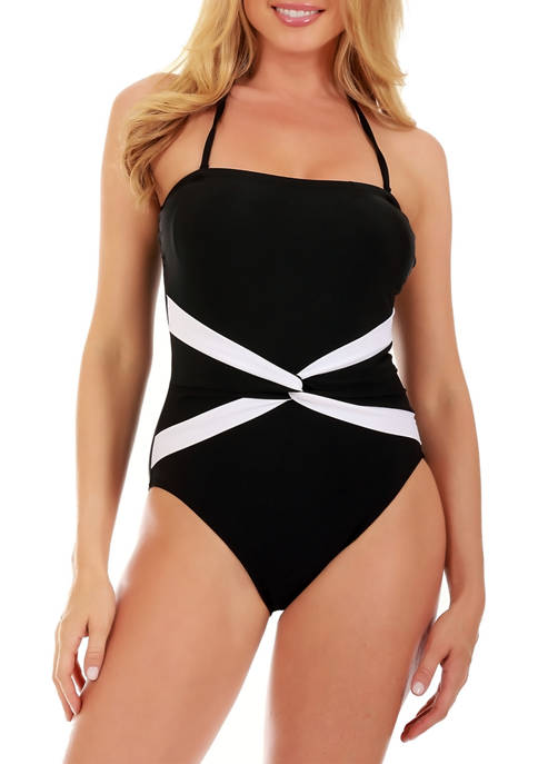 Compression One-Piece Swimsuit with Removable Halter Strap and Contrast Twist Front
