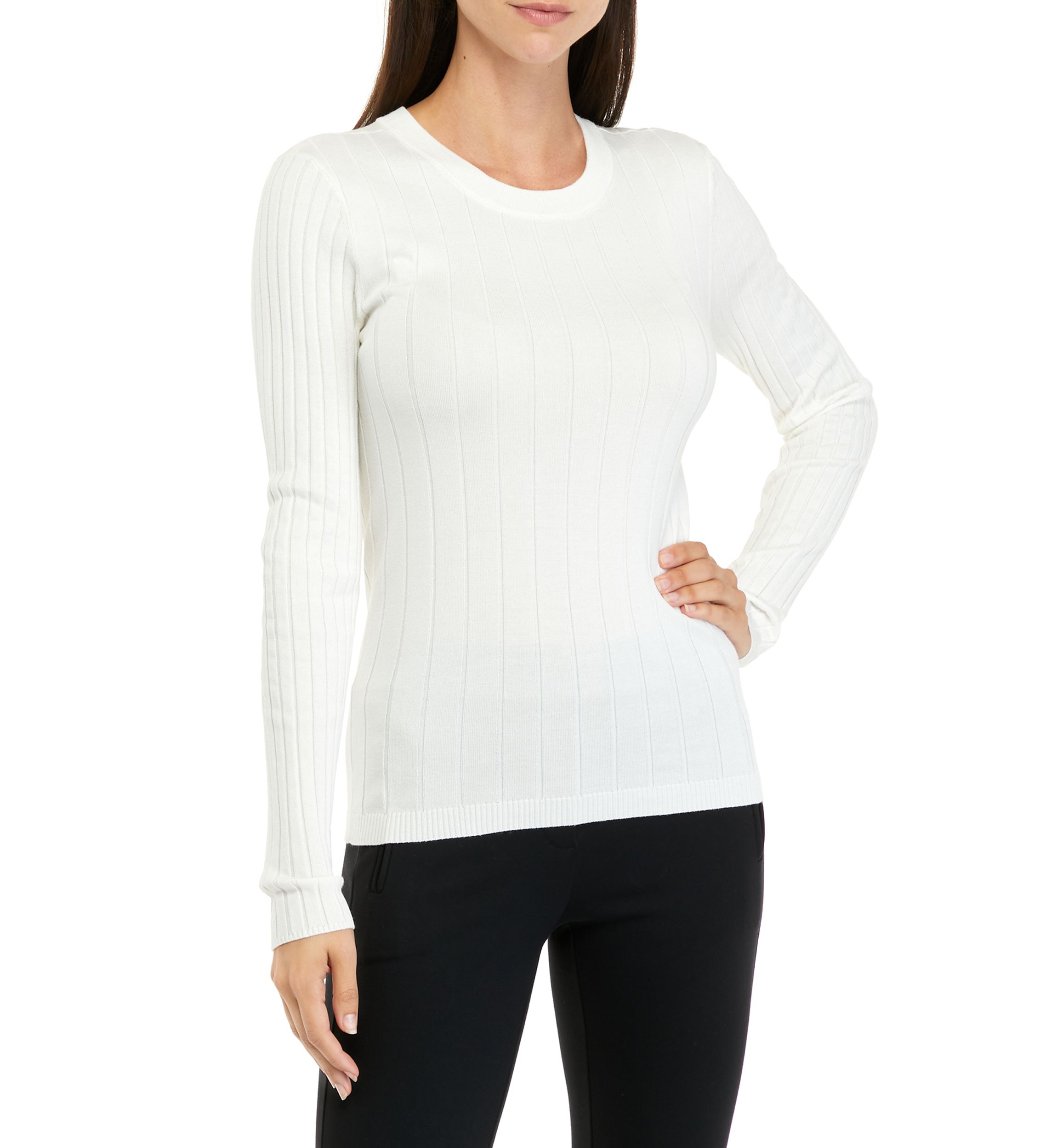 Womens Long Sleeve Ribbed Round Neck Sweater