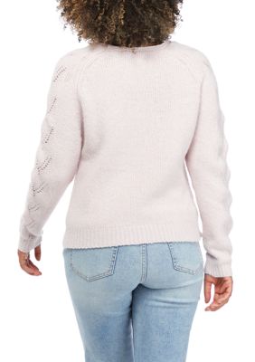 Derek Heart Planet Gold Juniors' Rhinestone Heart Eyelash-knit Sweater In  Bright White