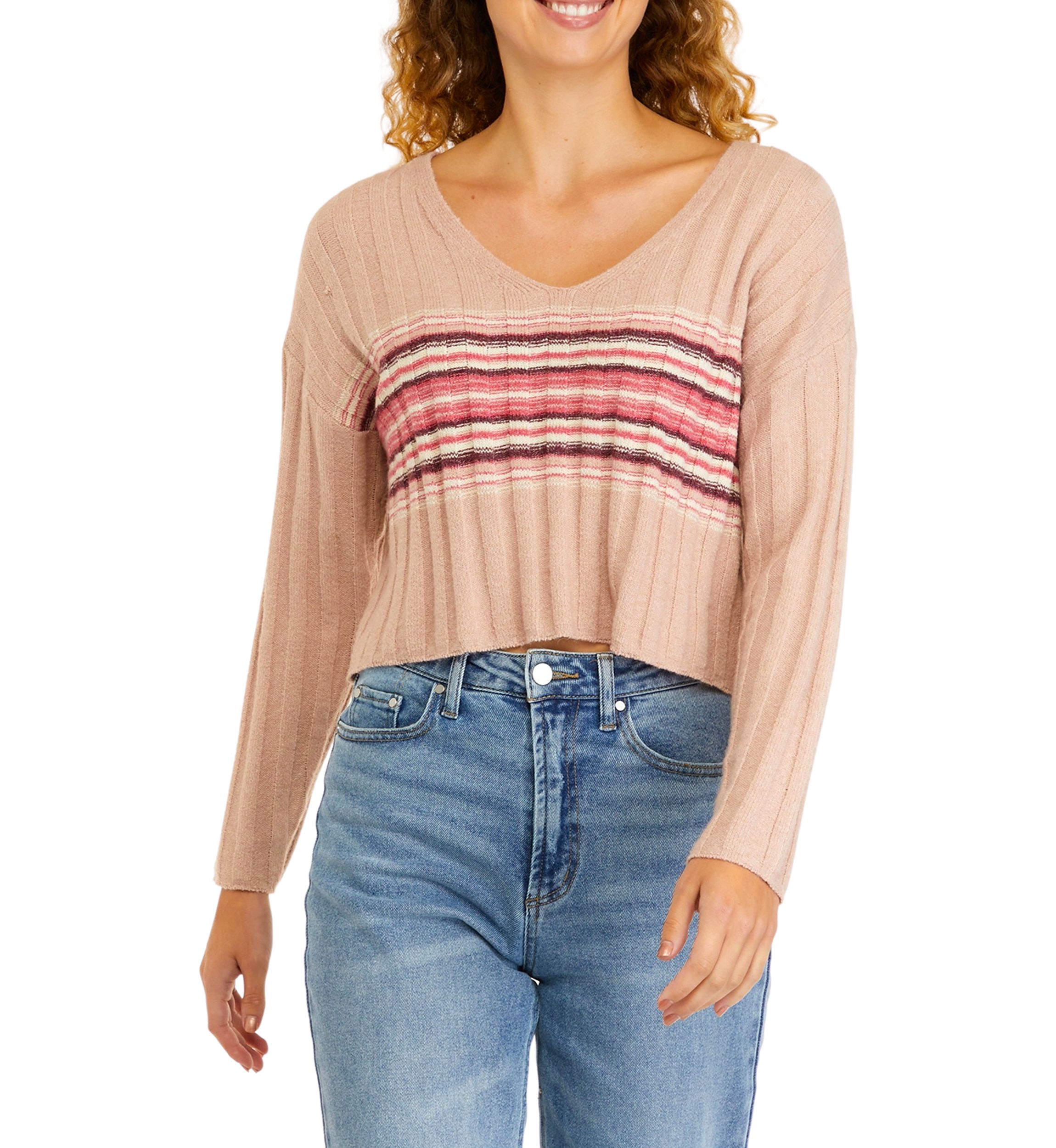 Long Sleeve Ribbed V-Neck Striped Sweater