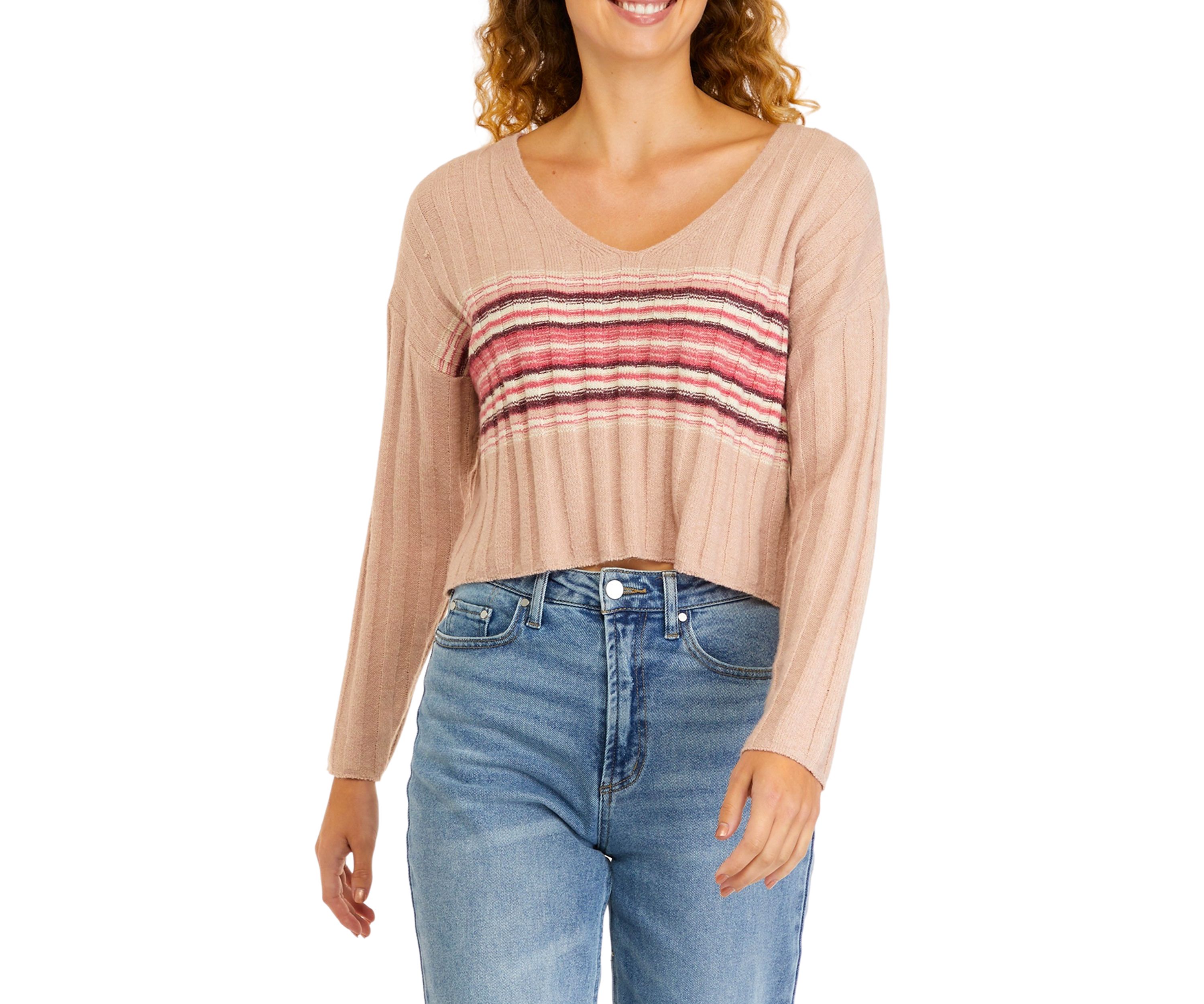Long Sleeve Ribbed V-Neck Striped Sweater
