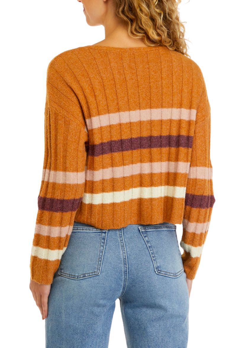 Long Sleeve Ribbed V-Neck Striped Sweater