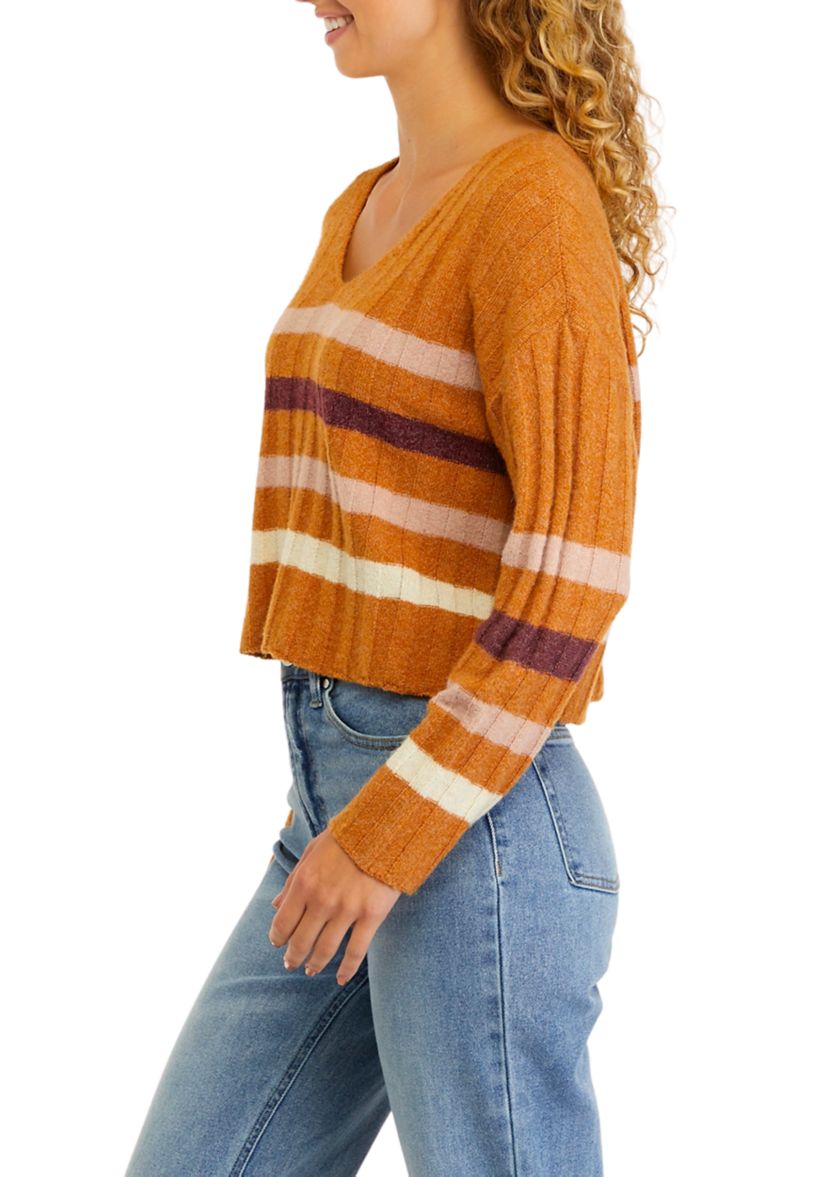 Long Sleeve Ribbed V-Neck Striped Sweater