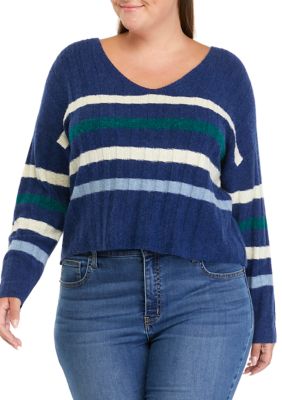 TRUE CRAFT Women's Plus Size Long Sleeve Ribbed V-Neck Sweater with Stripes, Blue, 4X