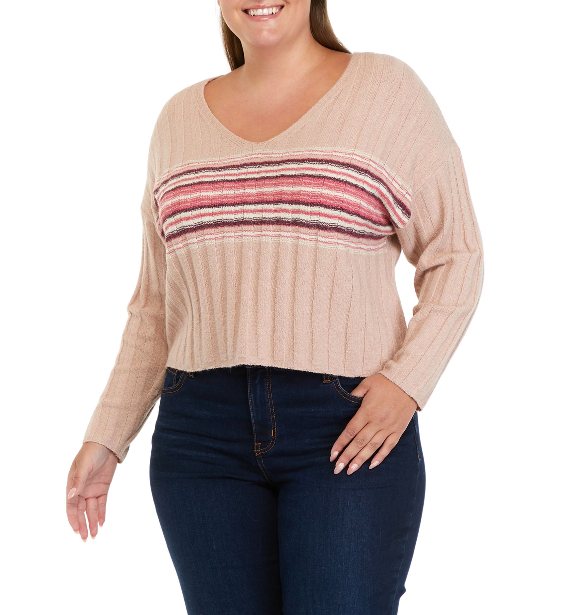 Plus Size Long Sleeve Ribbed V-Neck Sweater with Stripes
